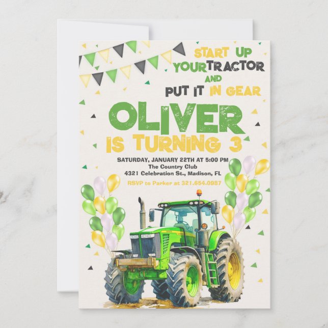 Invitación Partido de Cumpleaños del Tractor Verde (Anverso)