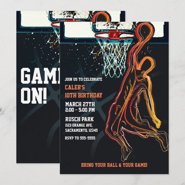 Invitación Partido de cumpleaños Dunk Salto de Baloncesto (Anverso / Reverso)