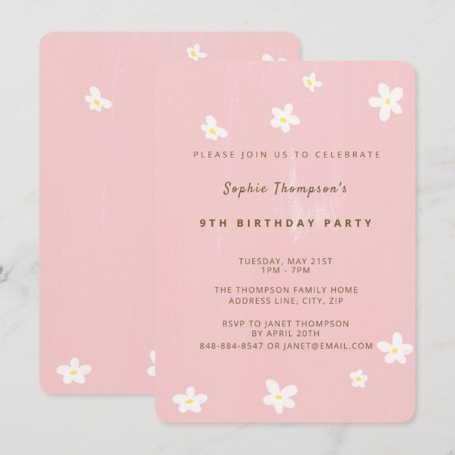 Invitación Partido de Cumpleaños Dusty Rosa Cute Daisies Chic (Anverso / Reverso)