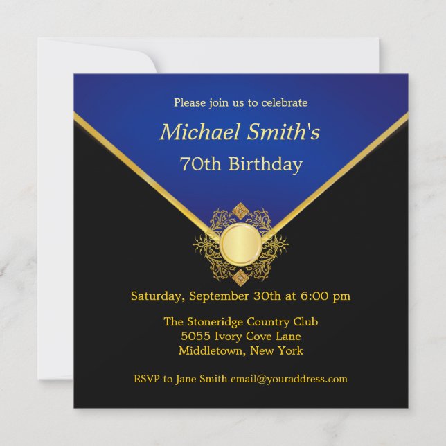 Invitación Partido de cumpleaños elegante del emblema azul or (Anverso)