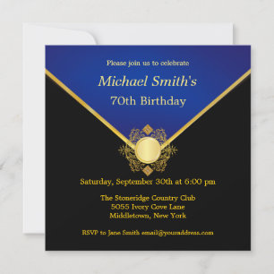 Invitación Partido de cumpleaños elegante del emblema azul or