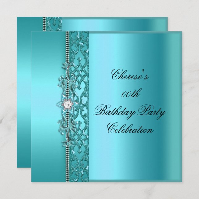 Invitación Partido de Cumpleaños Elegante Diamante Azul Verde (Anverso / Reverso)