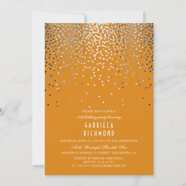 Invitación Partido de cumpleaños elegante Naranja Confetti Si (Anverso)