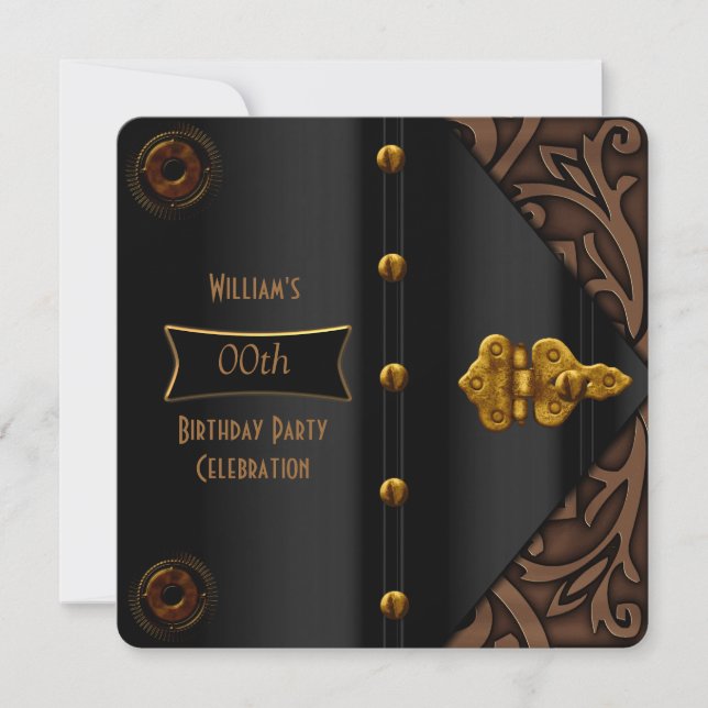 Invitación Partido de Cumpleaños Elegante Oro Negro Steampunk (Anverso)