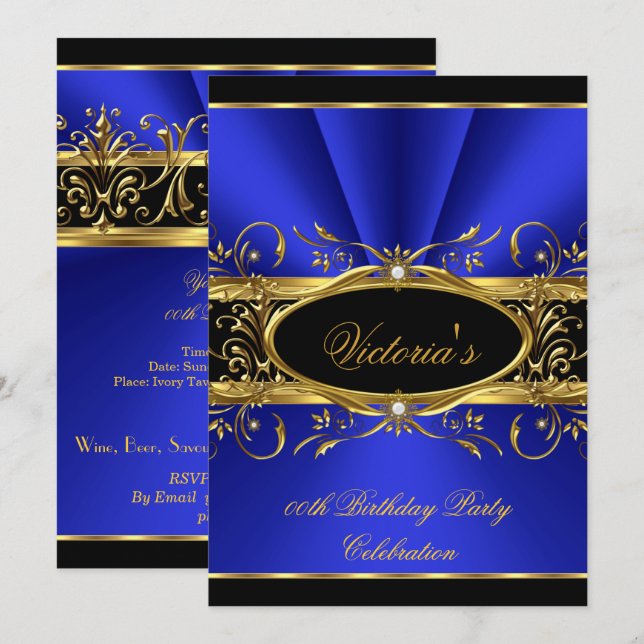 Invitación Partido de Cumpleaños Elegante Royal Blue Gold Bla (Anverso / Reverso)