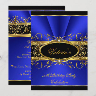 Invitación Partido de Cumpleaños Elegante Royal Blue Gold Bla