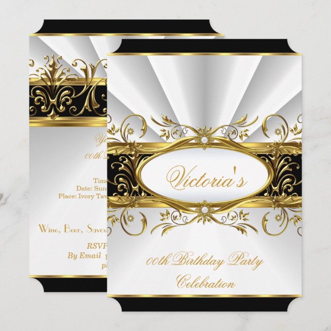 Invitación Partido de Cumpleaños Elegante White Gold Floral B (Anverso / Reverso)