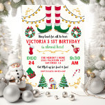 Invitación Partido de cumpleaños Elf navidades<br><div class="desc">¡Cansate de esta divertida invitación a la fiesta de cumpleaños de los Navidades! Las piernas elefantes a rayas, campanas de jingle, corona, medias, cacao caliente, Santa Cláusula y otros objetos de vacaciones sobre un fondo de color crema con una moderna raya roja. Ideal para un primer cumpleaños o cambiar la...</div>
