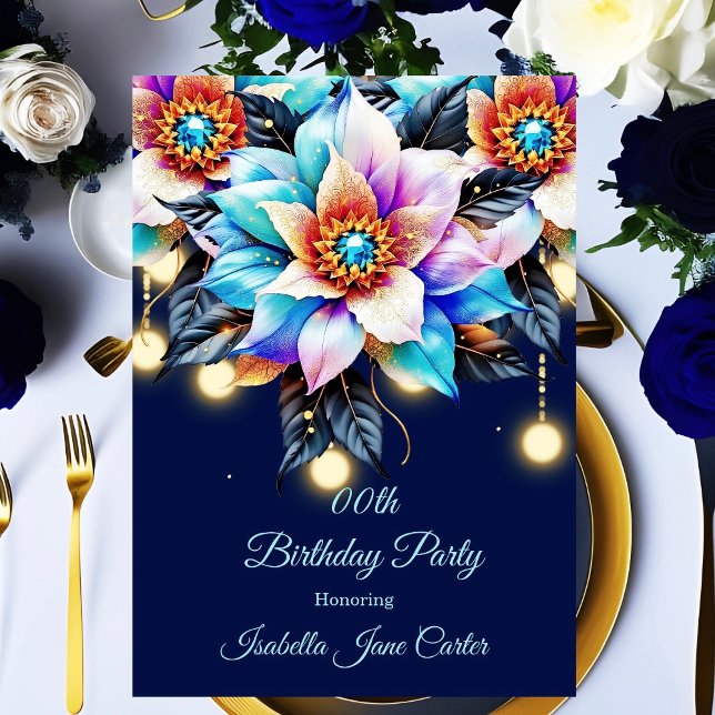 Invitación Partido de cumpleaños exótico floral púrpura rosa  (Subido por el creador)