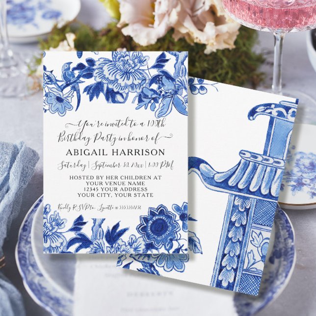 Invitación Partido de cumpleaños floral Chinoiserie con influ (Subido por el creador)