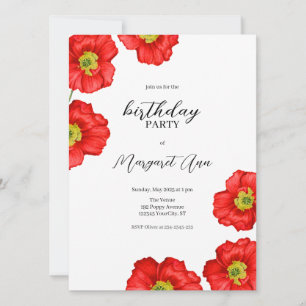Invitación Partido de cumpleaños floral de la amapola roja mo