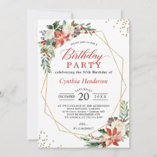 Invitación Partido de cumpleaños floral de Poinsettia Roja na
