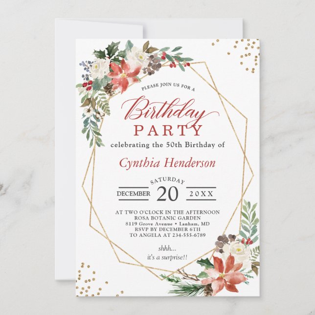 Invitación Partido de cumpleaños floral de Poinsettia Roja na (Anverso)