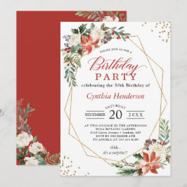 Invitación Partido de cumpleaños floral de Poinsettia Roja na