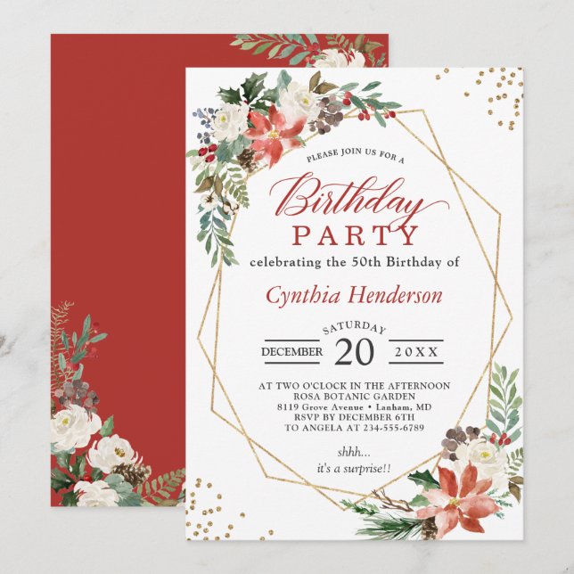 Invitación Partido de cumpleaños floral de Poinsettia Roja na (Anverso / Reverso)