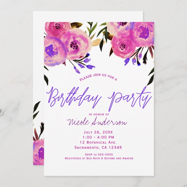 Invitación Partido de cumpleaños floral moderno rosa y morado (Anverso / Reverso)