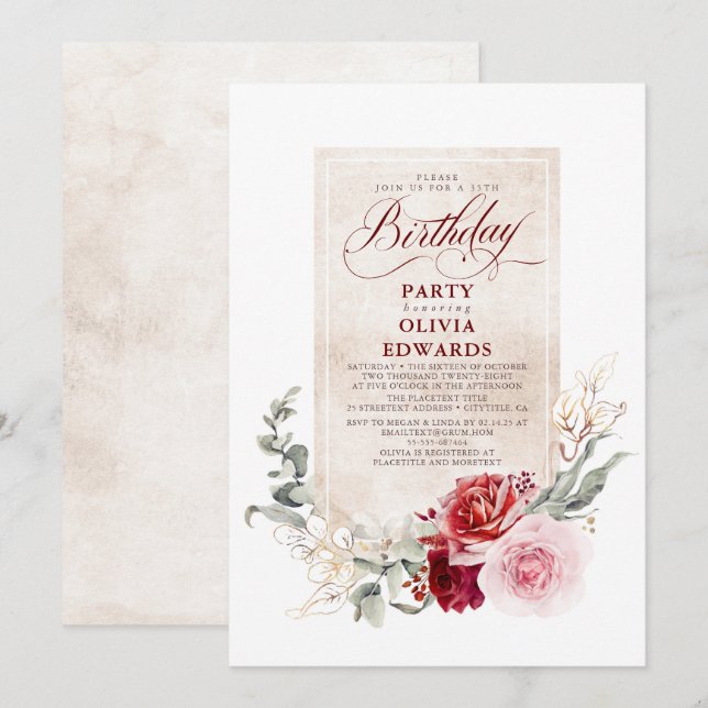 Invitación Partido de cumpleaños floral rosa y rojo Borgoña (Anverso / Reverso)
