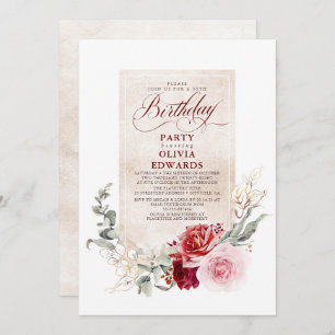 Invitación Partido de cumpleaños floral rosa y rojo Borgoña