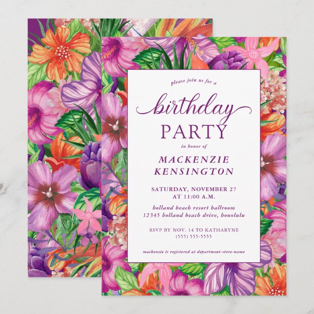 Invitación Partido de cumpleaños floral tropical moderno (Anverso / Reverso)
