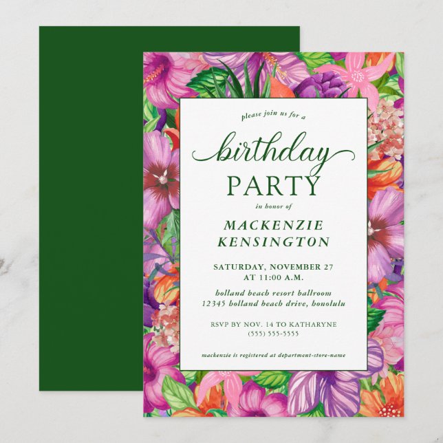Invitación Partido de cumpleaños floral tropical verde modern (Anverso / Reverso)