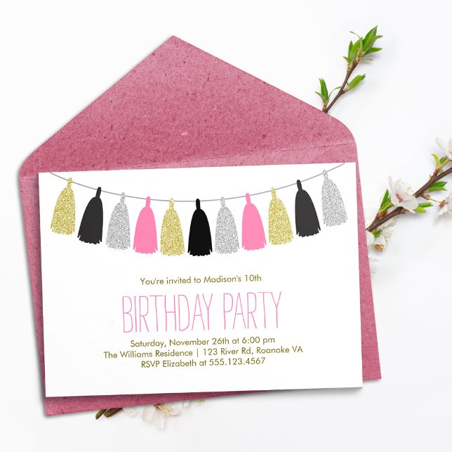 Invitación Partido de cumpleaños Garland de Hot Pink Tassels (Subido por el creador)