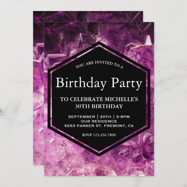 Invitación Partido de cumpleaños Gemstone Ametista Morado Mod (Anverso / Reverso)