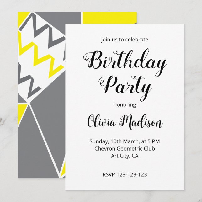 Invitación Partido de cumpleaños geométrico de Yellow Grey Ch (Anverso / Reverso)