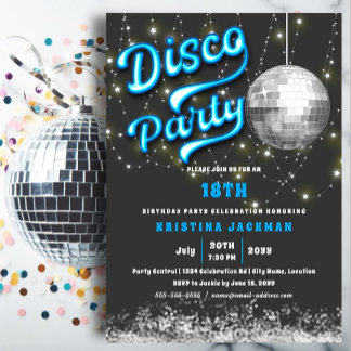 Invitación Partido de cumpleaños Glow Neon Blue Disco