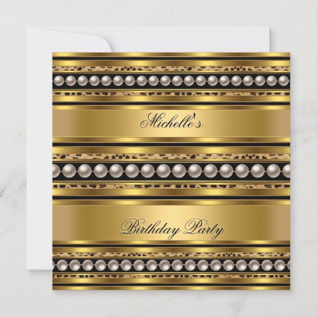Invitación Partido de Cumpleaños Gold Pearl Leopard (Anverso)