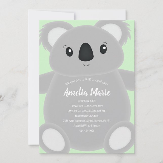 Invitación Partido de cumpleaños Green Koala Bear (Anverso)