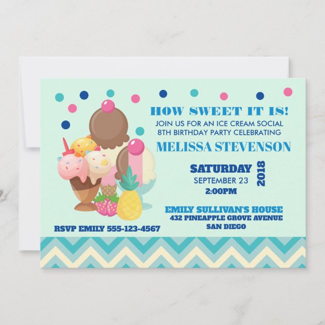 Invitación Partido de Cumpleaños Ice Cream Social (Anverso)