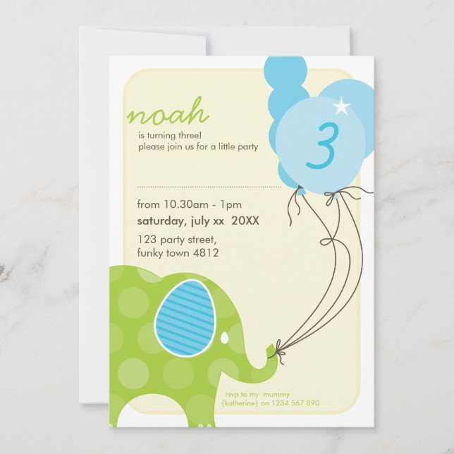 Invitación PARTIDO DE CUMPLEAÑOS INVITA :: elefante + globos  (Anverso)