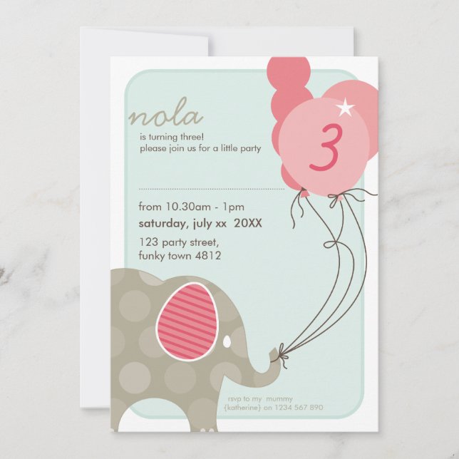 Invitación PARTIDO DE CUMPLEAÑOS INVITA :: elefante + globos  (Anverso)