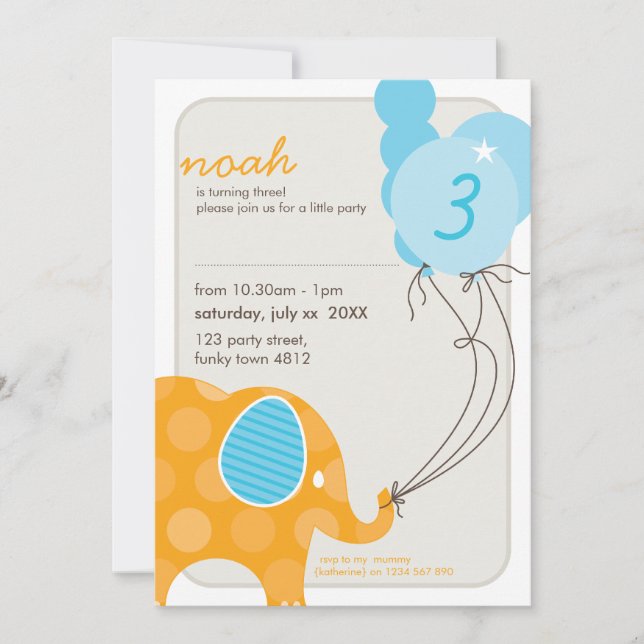 Invitación PARTIDO DE CUMPLEAÑOS INVITA :: elefante + globos  (Anverso)