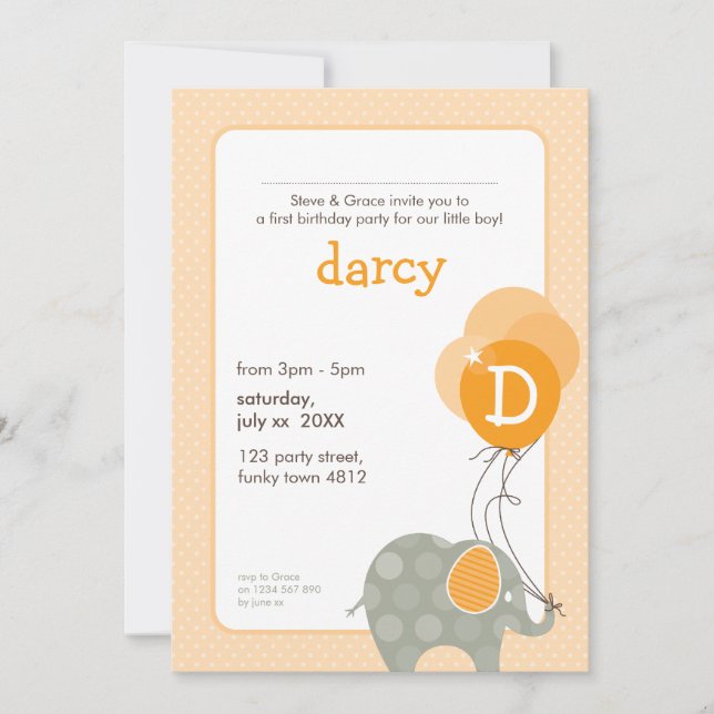 Invitación PARTIDO DE CUMPLEAÑOS INVITA :: elefante + globos  (Anverso)