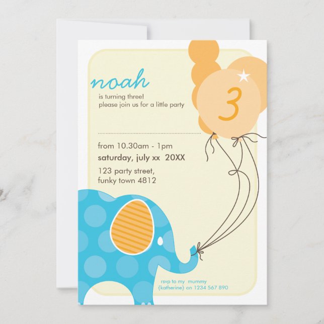 Invitación PARTIDO DE CUMPLEAÑOS INVITA :: elefante + globos  (Anverso)