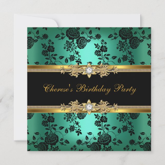 Invitación Partido de Cumpleaños Jade Damask Oro Diamante Neg (Anverso)