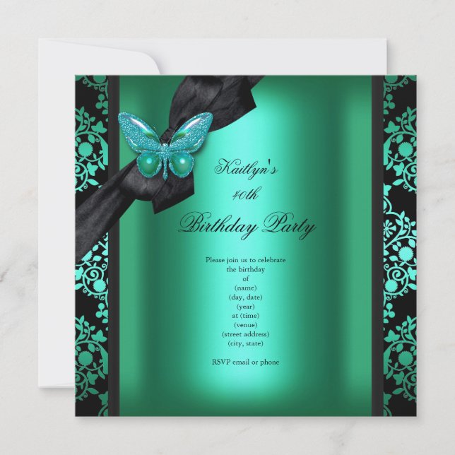 Invitación Partido de Cumpleaños Jade Green Black Damask Butt (Anverso)