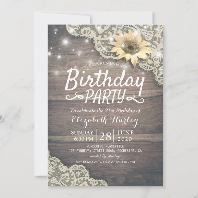 Invitación Partido de Cumpleaños Lace Sunflower Madera y luce (Anverso)
