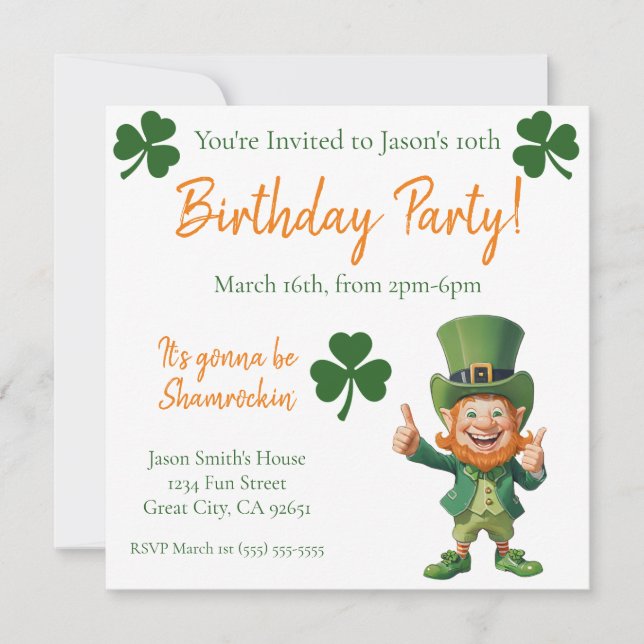 Invitación Partido de Cumpleaños-Leprechaun (Anverso)