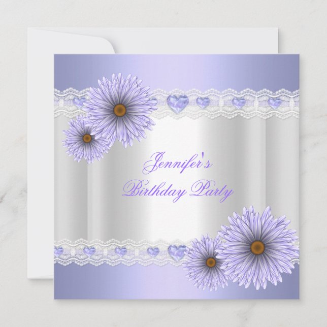 Invitación Partido de Cumpleaños Lilac Blanco bonito Flores d (Anverso)