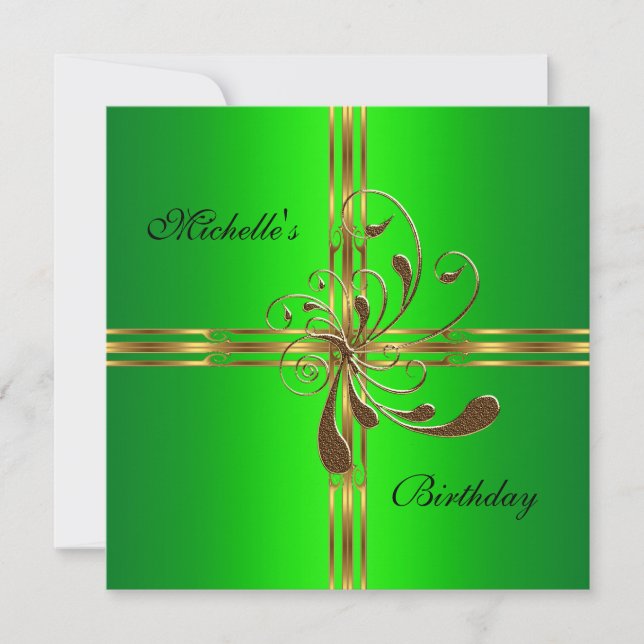 Invitación Partido de Cumpleaños Lime Green Gold Gift Bow (Anverso)