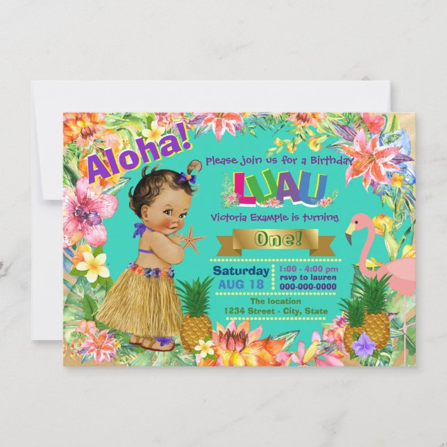 Invitación Partido de cumpleaños Luau Luau, Chica de etnia ha (Anverso)
