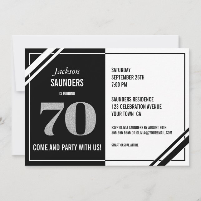 Invitación Partido de Cumpleaños Moderno Blanco y Negro 70 (Anverso)