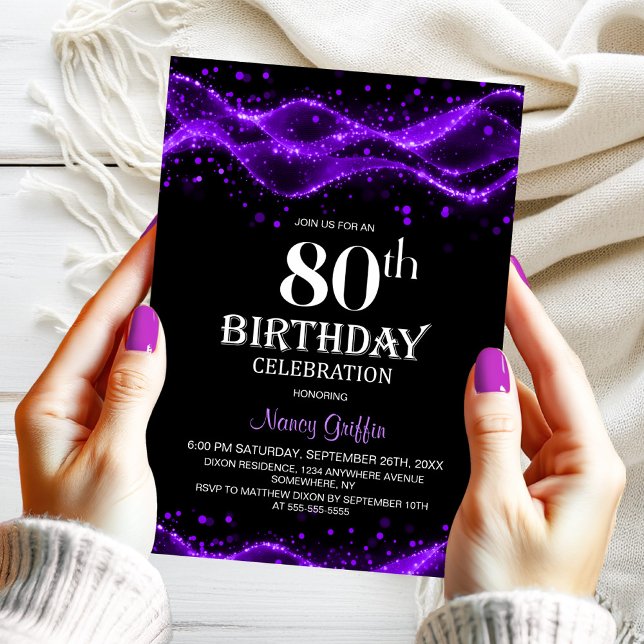 Invitación Partido de Cumpleaños Moderno Negro y Morado 80 (Subido por el creador)