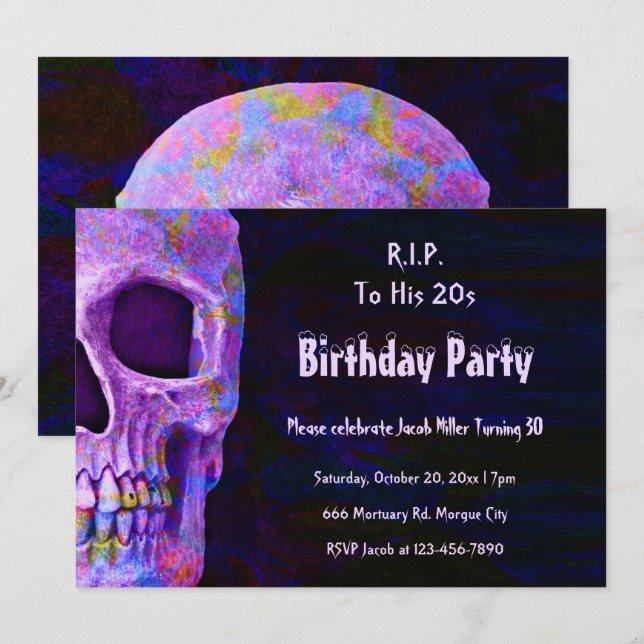 Invitación Partido de cumpleaños morado de cráneo gótico de s (Anverso / Reverso)