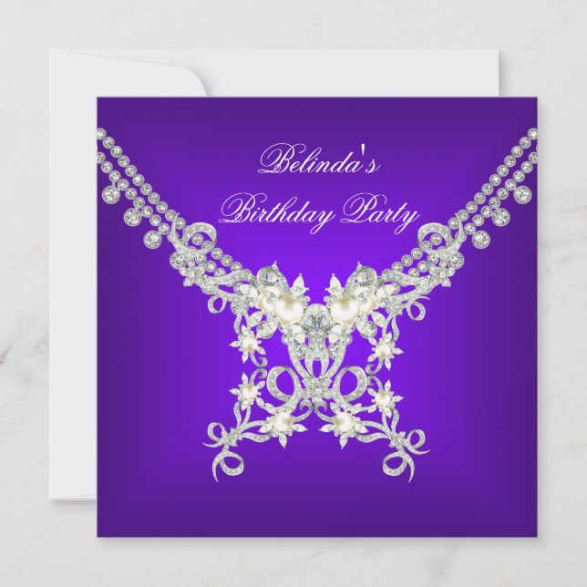Invitación Partido de Cumpleaños Morado White Silver Pearl Je (Anverso)