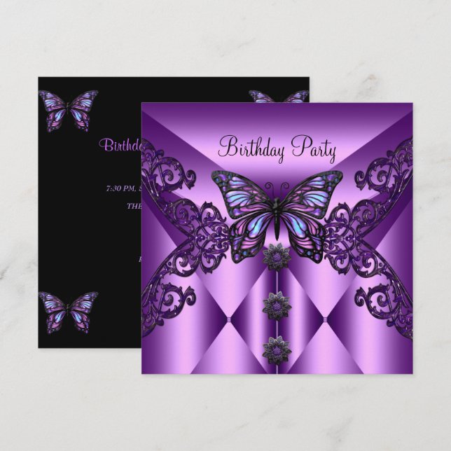 Invitación Partido de Cumpleaños Morple Lilac Butterfly (Anverso / Reverso)