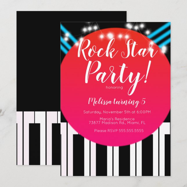 Invitación Partido de cumpleaños Musical Piano Rockstar (Anverso / Reverso)