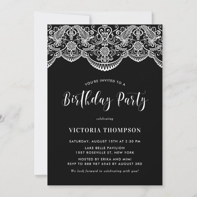 Invitación Partido de cumpleaños negro de White Brocade Lace (Anverso)